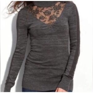Free People Lace Insert Gray Turtleneck Sweater Size SM